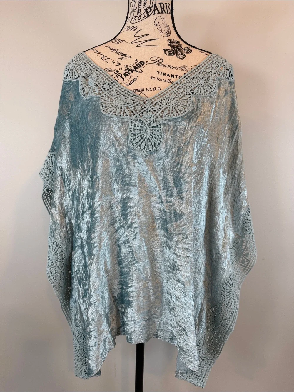 Soft Surroundings Light Blue Crushed Velvet Crochet Trim Poncho Top S Loose Fit